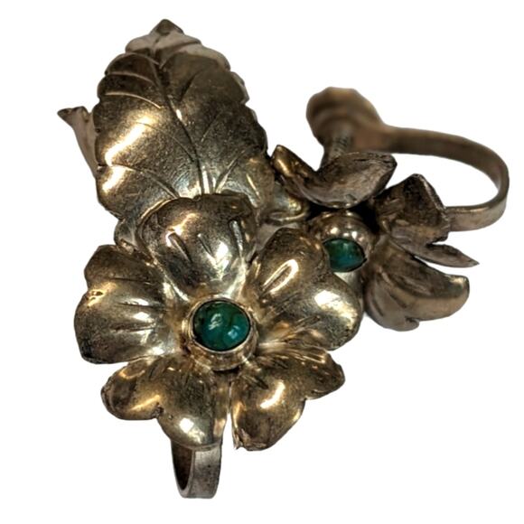 Silver and turquoise screw back flower earrings VINTAGE - Picture 1 of 8